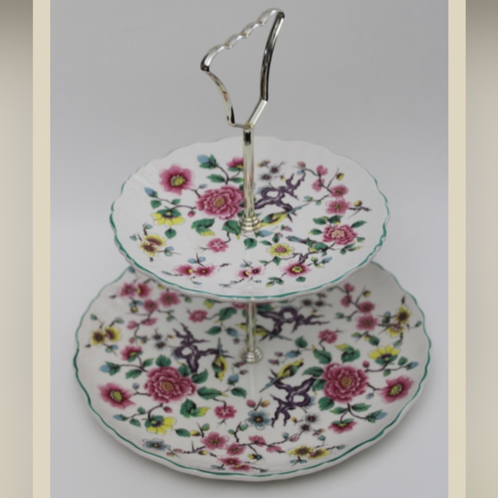 Old Foley 2 tier cake stand Bird and flower pattern/ James Kent